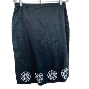 Linen Straight Pencil Embroidered Black Carry Back Skirt Sz 8